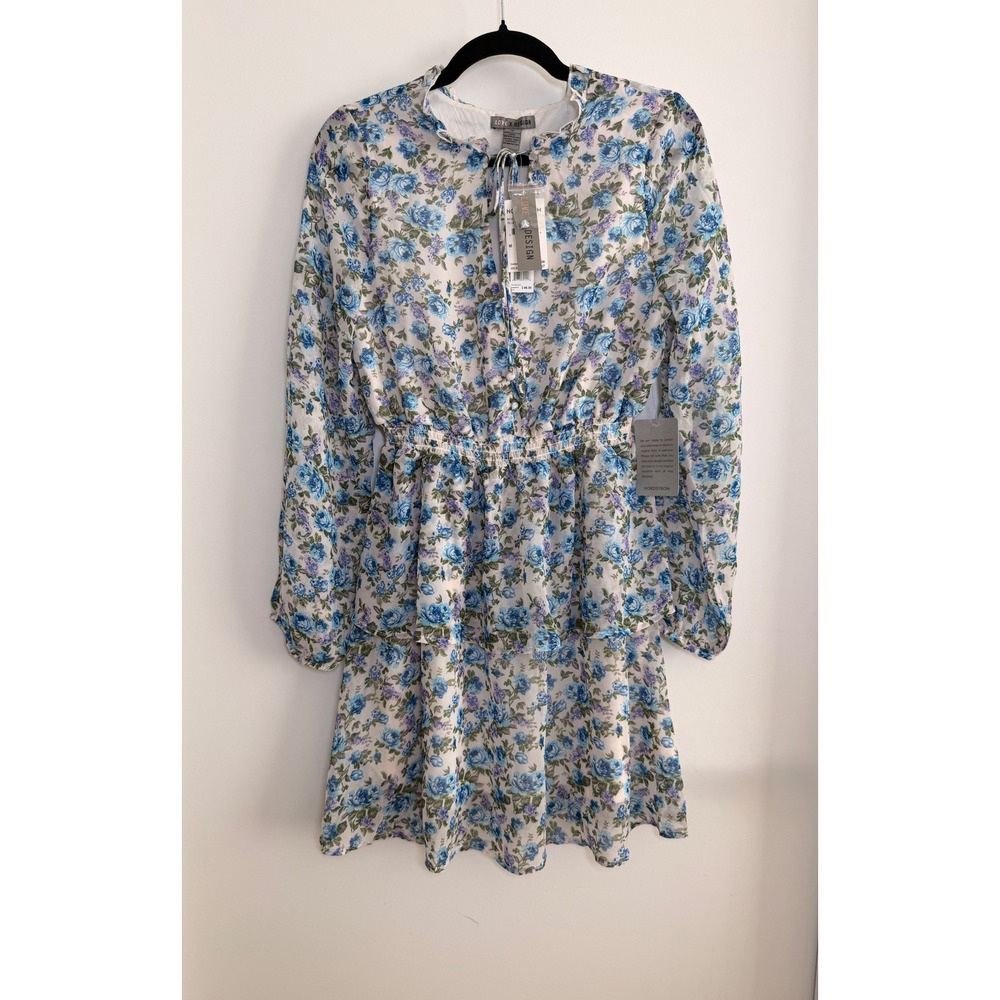 Love X Design Mini Dress Womens Medium Blue NWT Floral Tie Front Double Flounce